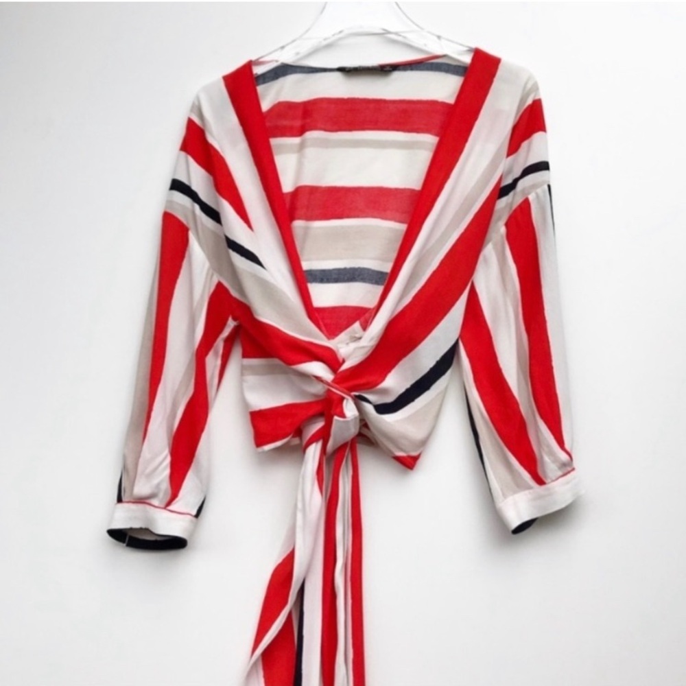ZARA orange- red, white, cream & black striped wrap and tie cropped blouse